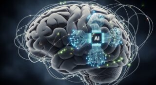 “Illustration of AI integrated with human brain representing mental health technology.”