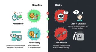 “Split infographic showing virtual therapist pros and cons.”